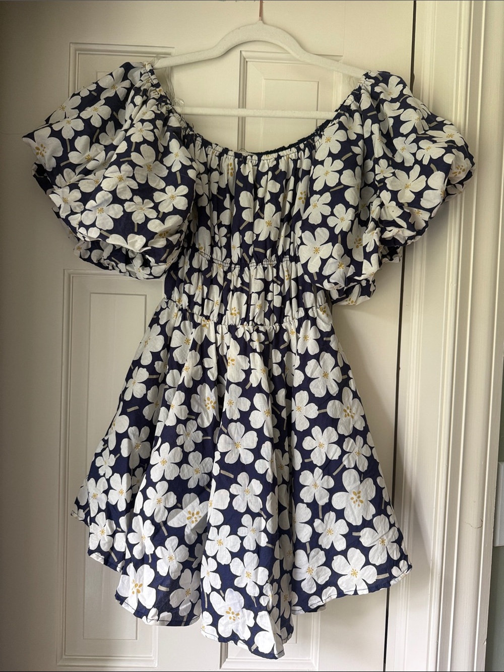 Altar'd State Navy Blue and White Floral Off-Shoulder Mini Dress
